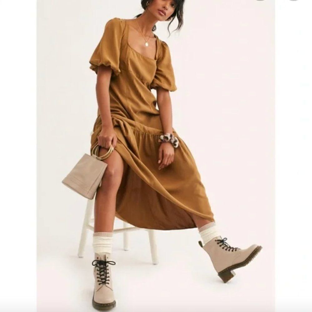 Free People Tan Jordan Tiered Boho Midi Dress Size M